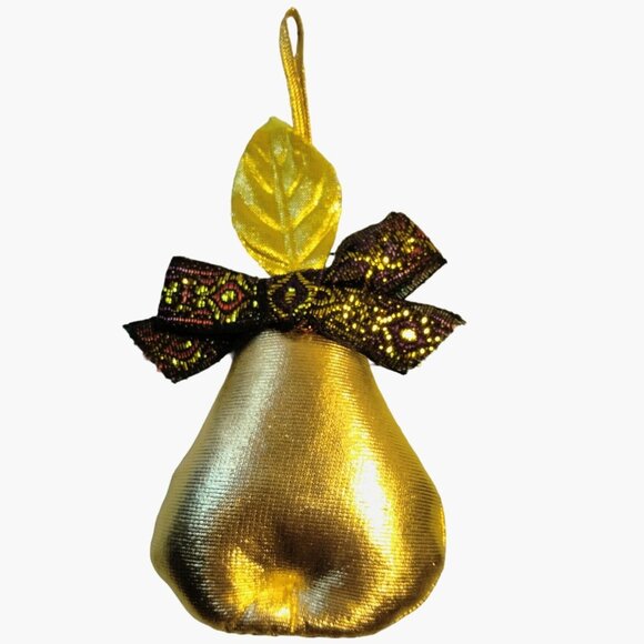 Gold Pear Christmas Ornament Victorian Brocade Bow Fabric Lame - Picture 1 of 4